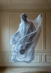 Spuk, Gespenst in durchsichtigen Tüchern schwebt in einem alten Haus durch die Luft, Generative KI