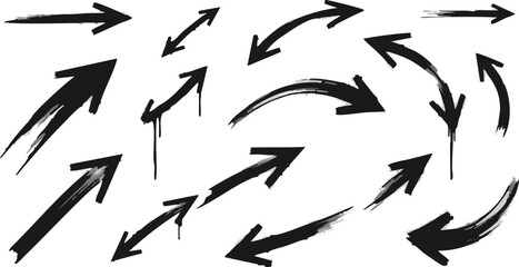 Collection of hand drawn scribble doodle ink brush arrows pointing various directions