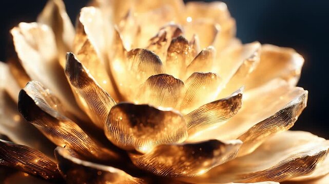 Close-up of a pinecone slowly transforming into a radiant, glowing golden crystal, the magic of the holidays, the beauty of nature, and a sense of warmth and luxury.
