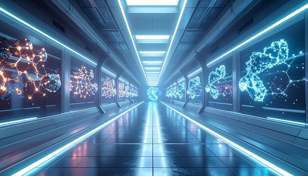 Bright, futuristic corridor with lit screens displaying glowing connected networks and a glowing symbol in the distance - Powered by Adobe