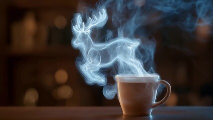 Wisps of steam rising from a hot mug, magically swirling to form a glowing, translucent blue reindeer that gallops through the air. - Powered by Adobe
