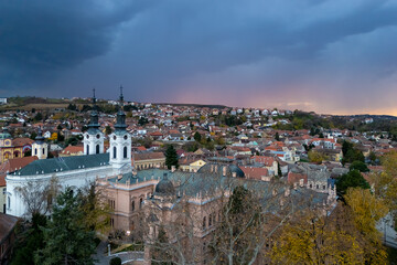 Sremski Karlovci, Serbia - November 17, 2025: Aerial view of Sremski Karlovci, showcasing its charming architecture, historic buildings, and the prominent cathedral, Serbia