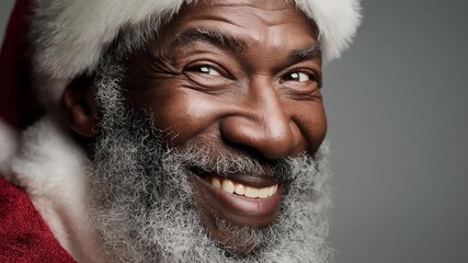Joyous African American Santa Claus with a genuine, beaming smile and a snowy white beard, radiates warmth, kindness, and the inclusive spirit of the holiday season.