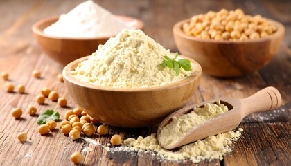 Chickpea flour and whole chickpeas displayed in wooden bowls on a textured wooden surface, lit naturally