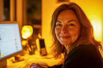 Eine glückliche, 60-jährige Frau sitzt an ihrem Computer und blickt direkt in die Kamera. Gelbes warmes Licht, Generative KI