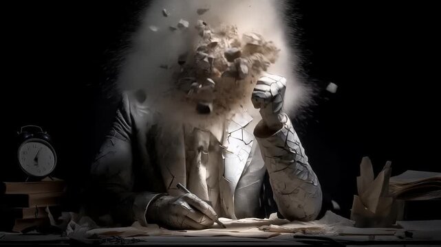 Stone statue of a weary office worker crumbling and collapsing into rubble at his desk, burnout, mental exhaustion, and the crushing weight of corporate pressure.