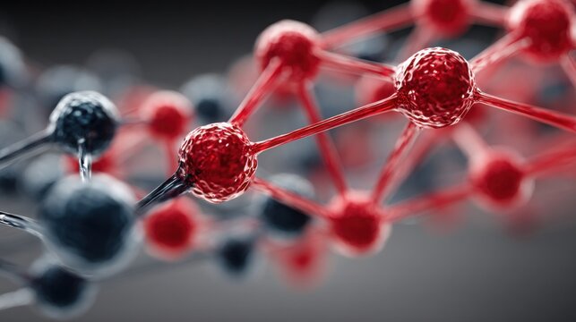 Molecule with red and blue structure illustrating adaptive network concepts in scientific research and technological innovation