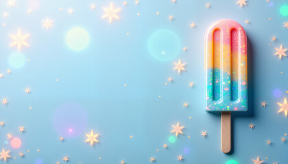 Sparkling rainbow popsicle on blue background, with space for text