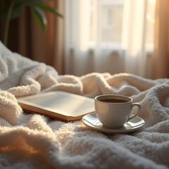 A steaming mug of coffee rests beside an open book on a soft white blanket in gentle morning light. 