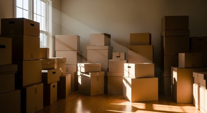 Moving boxes stacked in room relocation and storage solution for home and apartment moving process