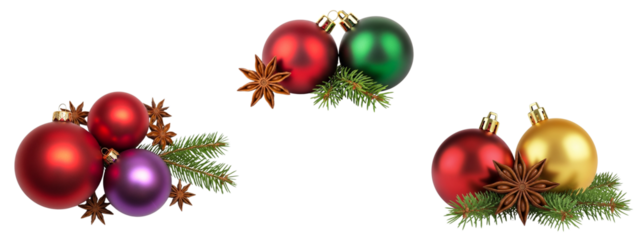 Set of christmas ball decoration with fir tree branch and anise star on white background.