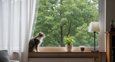 A peaceful tabby cat sits on a white windowsill looking out at lush green trees on a rainy day, beside a small lamp and houseplant.
