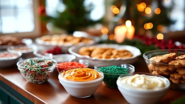 Christmas cookie decorating party setup with multiple bowls of icing and sprinkles holiday group activity festive baking gathering colorful decoration supplies party table