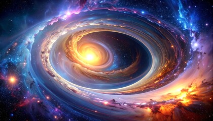 Swirling cosmos with intense central light. Dazzling clouds surround void, painted in fiery hues, celestial spectacle