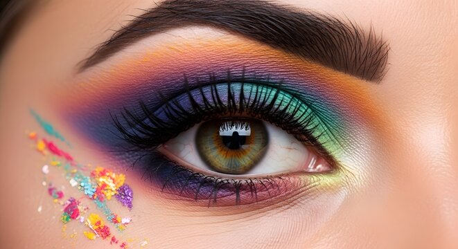 Eye makeup tutorial colorful eyeshadow look with glitter and artistic eyebrow fashion beauty tips - Powered by Adobe
