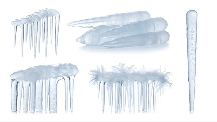 Collection of realistic icicles and a single ice shard on a white background