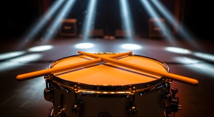 Drum set close up with drum sticks on stage with stage lighting music instrument photography