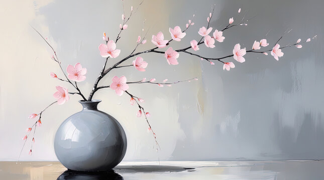 Minimalist oil painting: pink blossoms in grey vase on reflective surface, muted grey/beige background. Visible brushstrokes. Wallart, greeting card, spring theme.