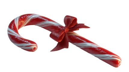 Christmas candy cane with red and white stripes and satin bow, isolated on transparent background