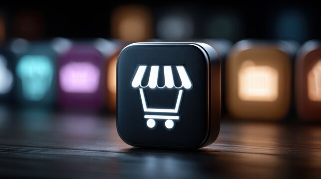 Black square button featuring a white icon representing a conceptual commerce unit with agentic attributes