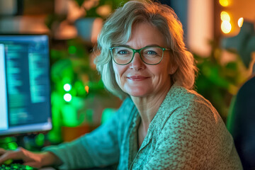 Eine glückliche, 60-jährige Frau sitzt an ihrem Computer und blickt direkt in die Kamera, grüne Beleuchtung, Generative KI