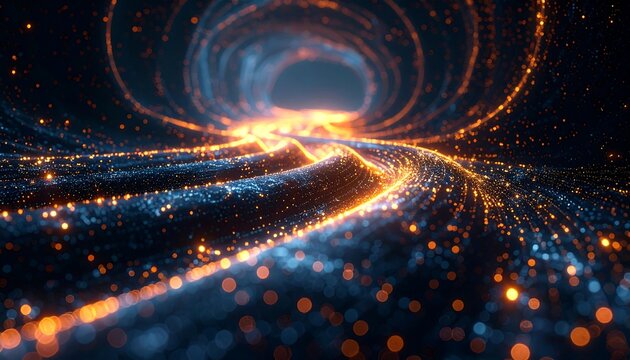 Abstract flowing orange lights on a blue background create a perspective illusion of depth and movement