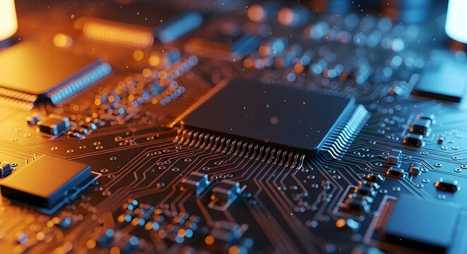 Explore high tech motherboard circuit board technology and computer hardware components details close up