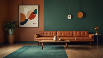 Stylish living room with a leather sofa, abstract art, and modern decor.