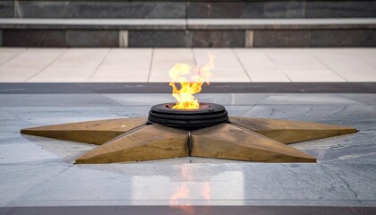 Naklejka premium Eternal flame burns atop a star monument set in stone, framed by steps in the background