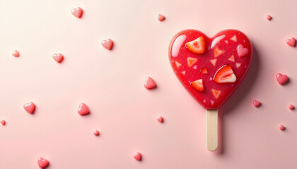 Obraz premium Heart shaped popsicle with strawberries on pink background, for Valentines Day