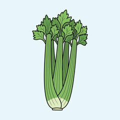 Green celery stalks with leafy tops on light blue background