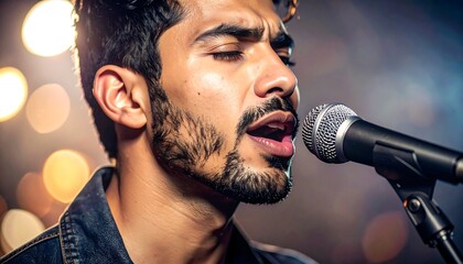 Young man singing intensely into a microphone, bathed in a warm, stage-like spotlight