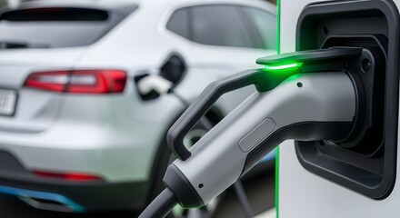 Electric vehicle charging station ev charger plug in white car sustainable energy transport