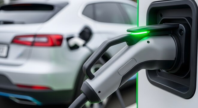 Electric vehicle charging station ev charger plug in white car sustainable energy transport - Powered by Adobe