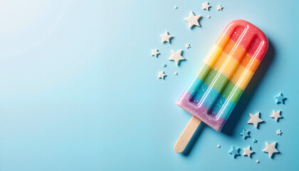 Colorful rainbow popsicle with stars on light blue, with space for text