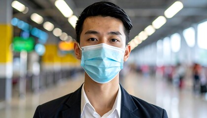 Young man wears blue surgical mask inside building