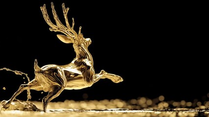 A majestic reindeer made entirely of liquid gold, galloping dynamically through a splashy surface against a dark background. - Powered by Adobe