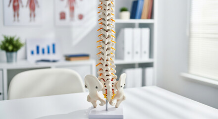 Anatomical Human Spine Model on Doctor Desk in Modern Medical Clinic Office.