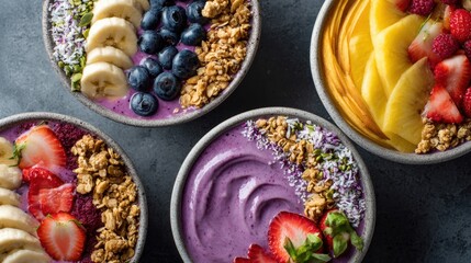 Smoothie bowls. Variety of colorful smoothie bowls with fruits and granola