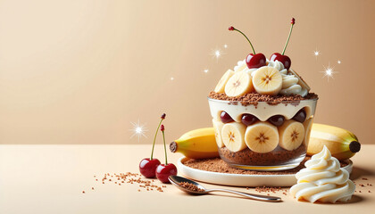 Banana split dessert with cherries, presented on a beige table
