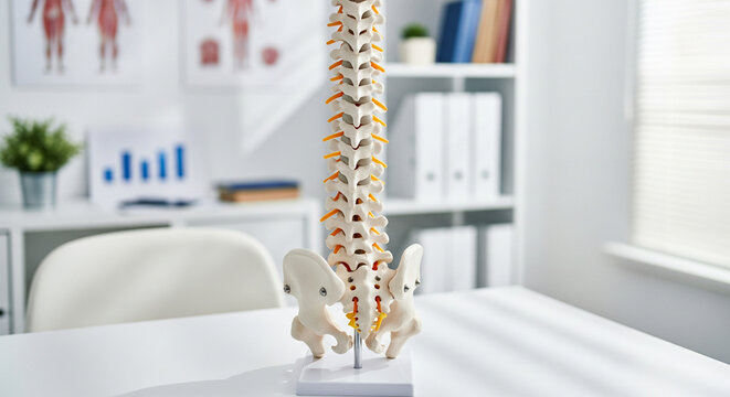 Anatomical Human Spine Model on Doctor Desk in Modern Medical Clinic Office