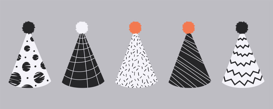 Set of Party Hats with Pom Poms and various patterns