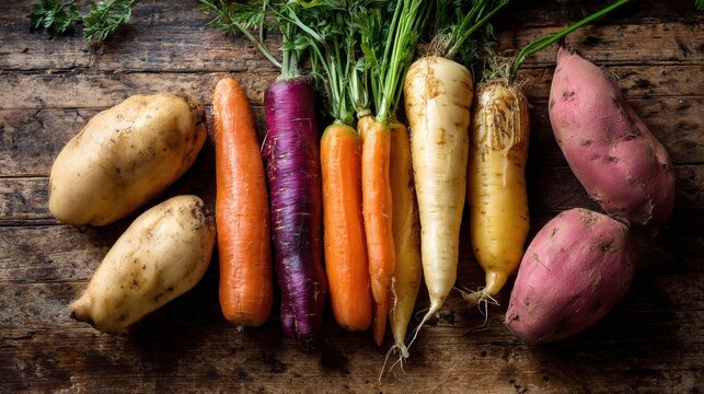 Root vegetables. Freshly harvested colorful root vegetables on a wooden background