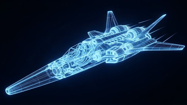 Futuristic neon blue spaceship wireframe design floating in darkness