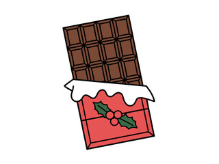 A festive chocolate bar with a holly berry decoration on its wrapper is depicted against a white background.