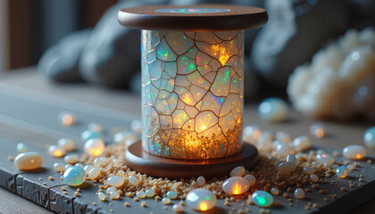 Opal hourglass with ash and golden dust, blending in motion