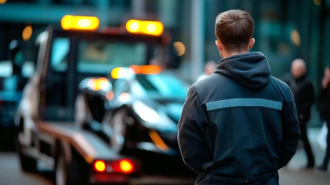 Shot from behind of a faceless tow truck operator observing the loaded anonymous car, scene slightly defocused for a soft professional mood, with copy space