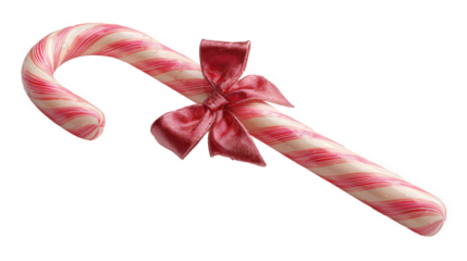 Christmas candy cane with red and white stripes and satin bow, isolated on transparent background