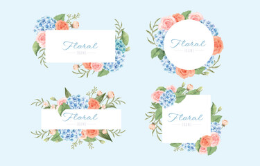 Floral frame collection watercolor style with roses and hydrangeas for wedding invitations and greet