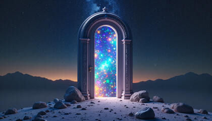 Open doorway to a star galaxy on a horizon at dusk